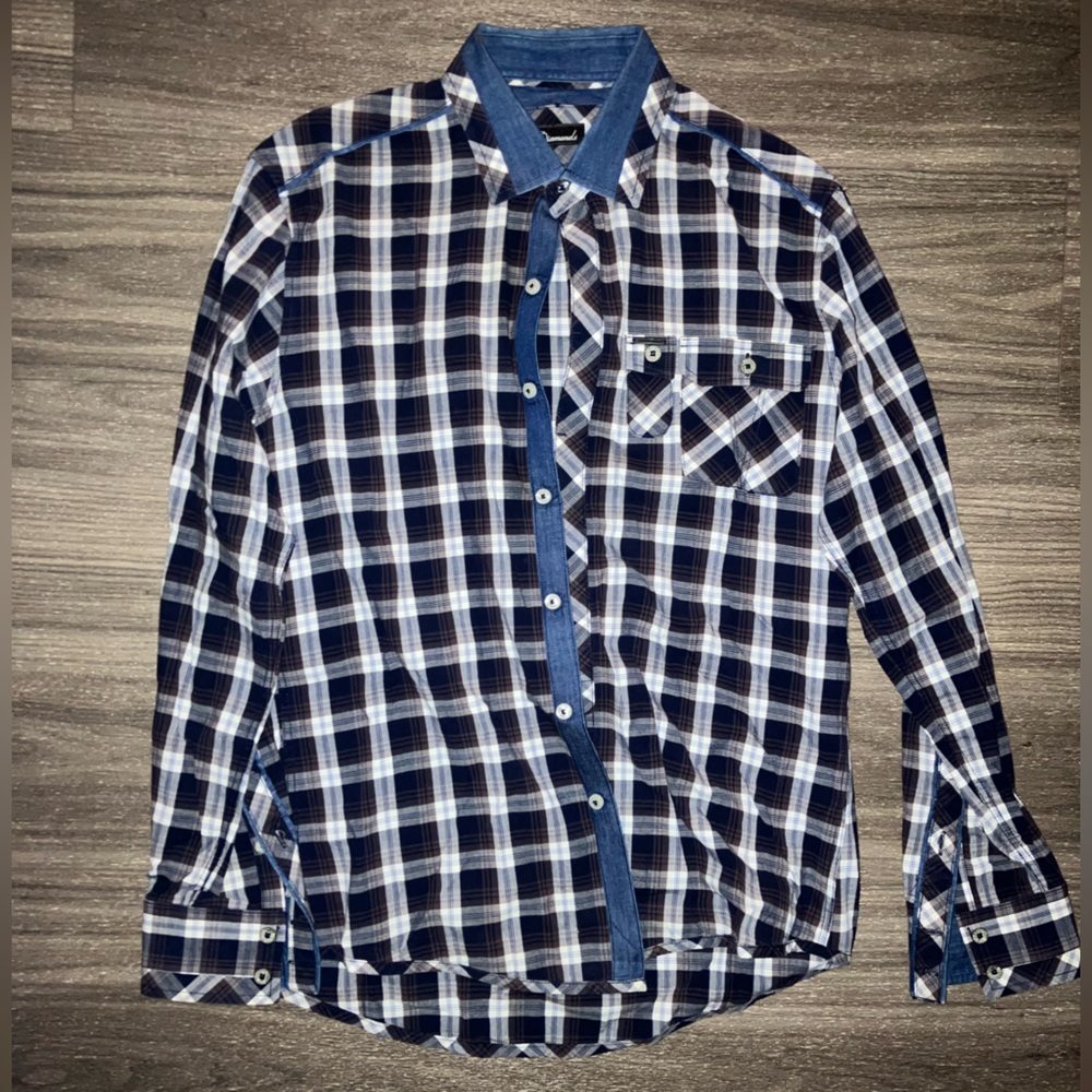 7 Diamonds Button Up Plaid w/ Denim trim Sz Smalll